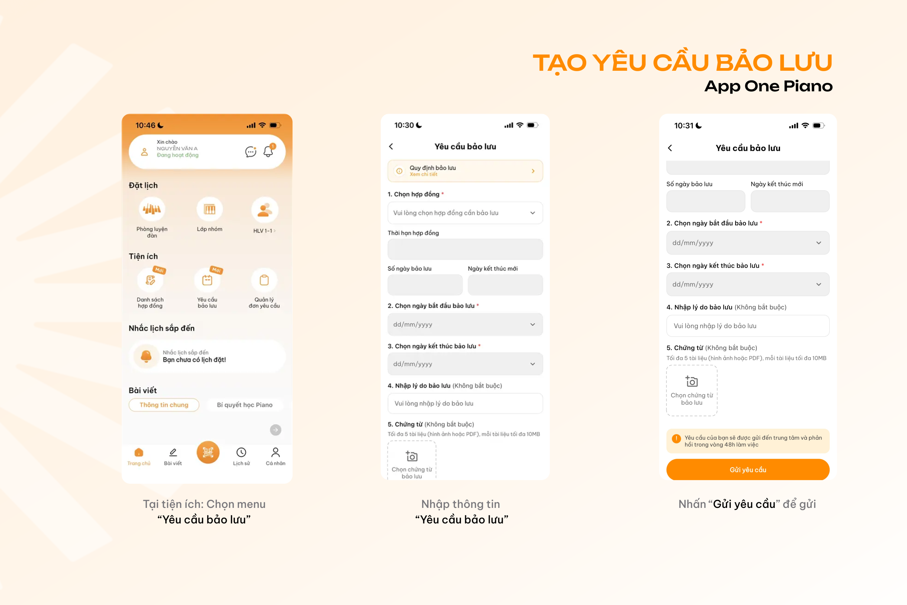 Tạo yêu cầu bảo lưu tại app One Piano